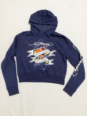 Ed Hardy Broken Hearts And Fairytales Navy Blue Eclipse Pullover Hoodie Y2K